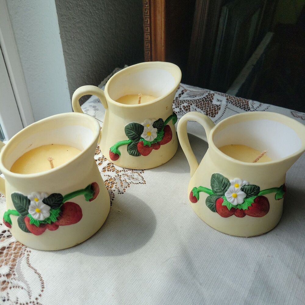 Vtg Lot of 3 Bisque Creamer with Candle inside strawberry design NOS